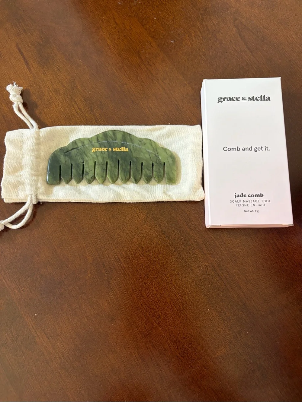 grace & stella Green Jade Wide-Tooth Scalp Massage Comb with Gold Logo